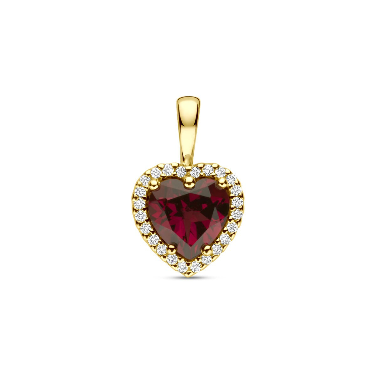 Colgante de oro amarillo de 14k con corazón de rodolita y diamantes de 0.06ct.