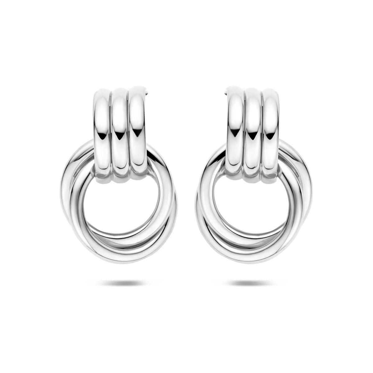 Pendientes de aro de plata 925 rodiada, con diseño de doble círculo y tres bandas.