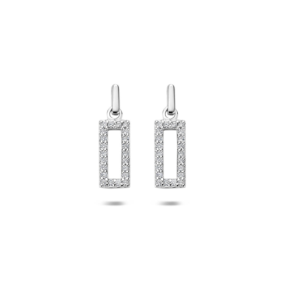 Pendientes largos de plata 925 rodiada con zircón, en forma rectangular y con brillo.