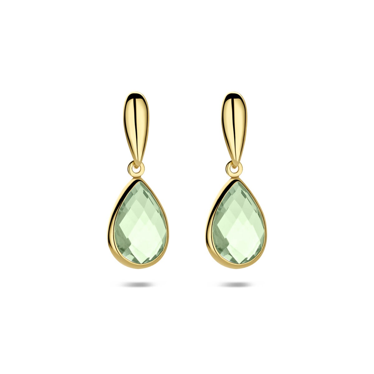 Pendientes largos de oro amarillo de 14k con amatista verde en forma de gota.
