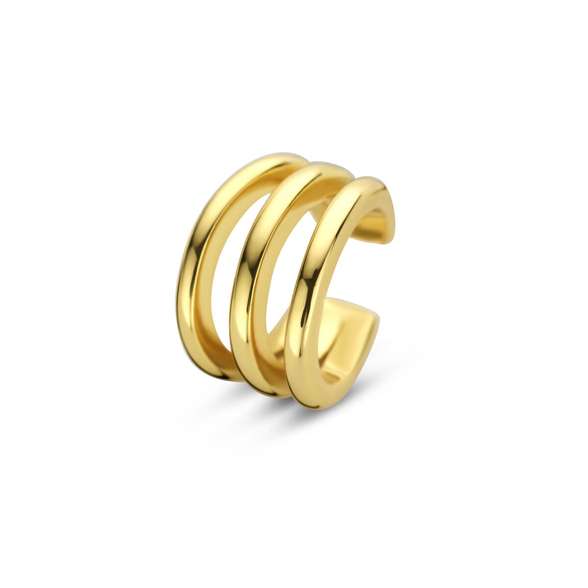 Ear cuff enchapado en oro con tres bandas brillantes en color dorado.