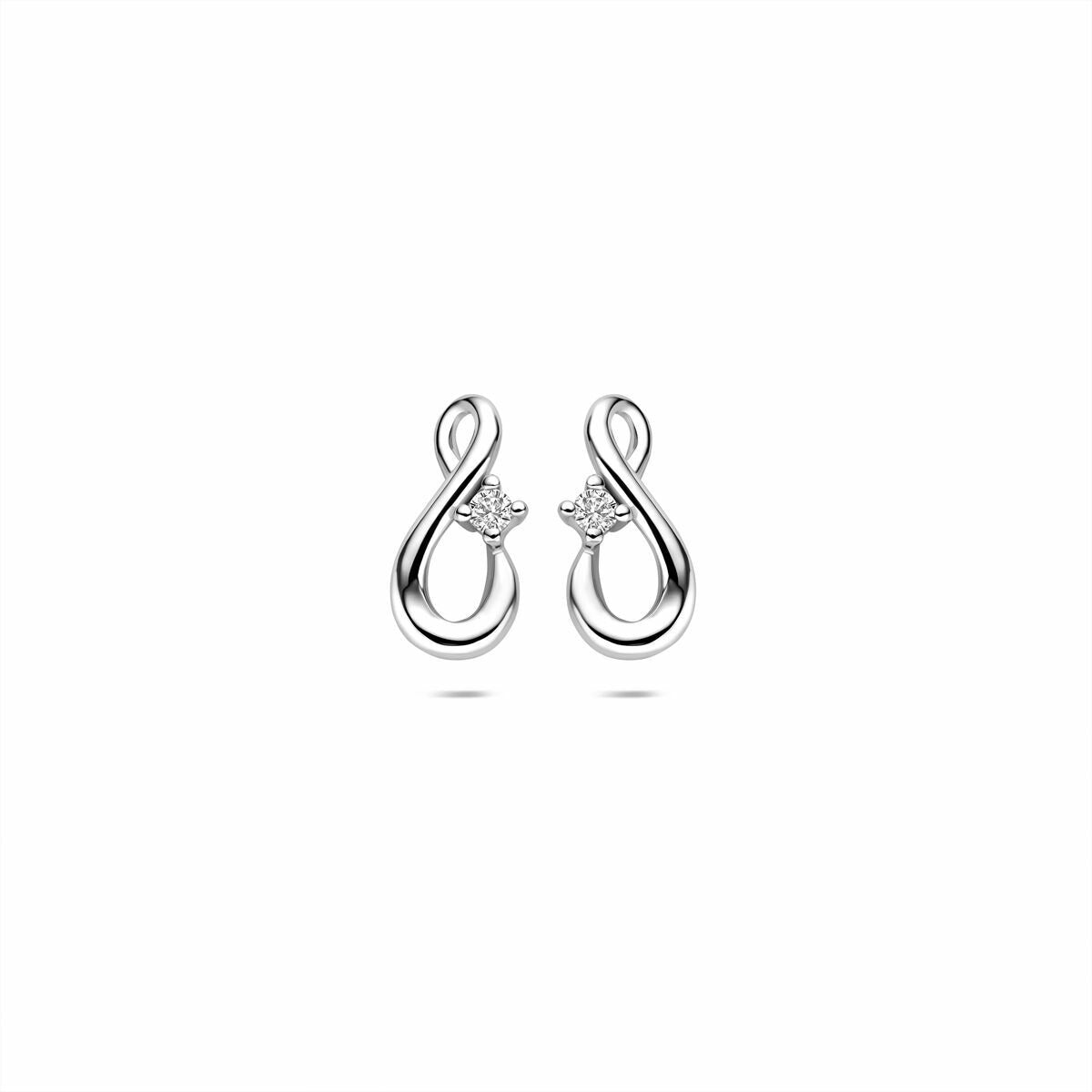 Pendientes de infinito plateados con circonitas, diseño fluido y forma elegante.