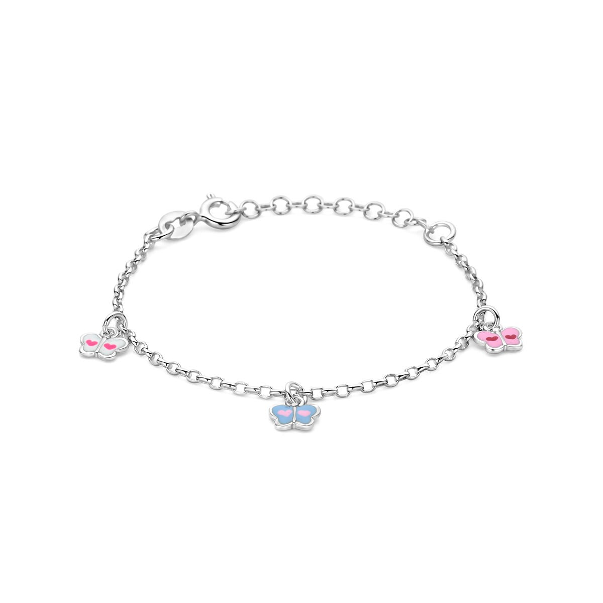 Pulsera infantil de plata 925 con mariposas y esmalte en colores rosa y azul.