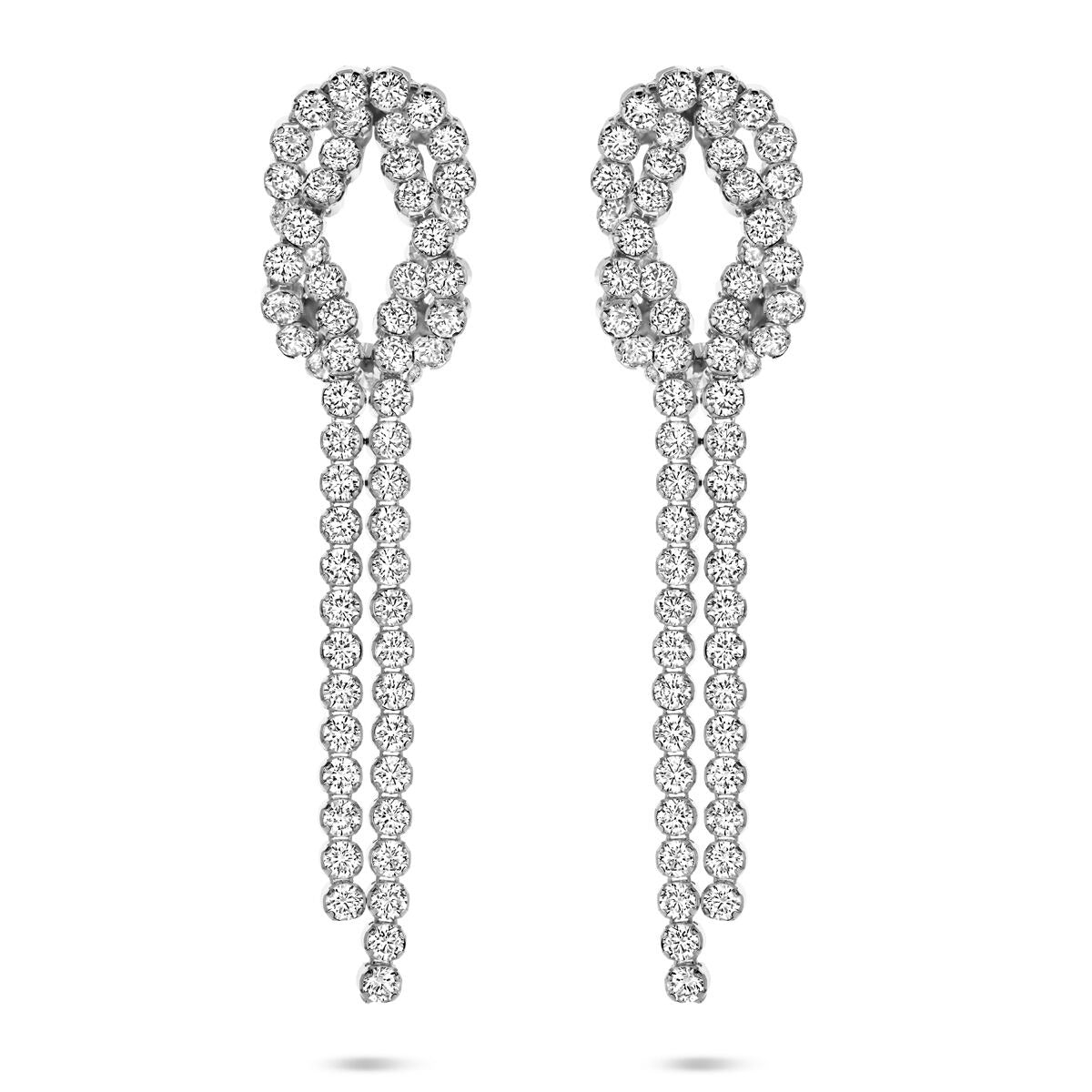 Pendientes largos de plata rodiada con circonitas, de 53 mm, con diseño en forma de óvalo y cadenas.