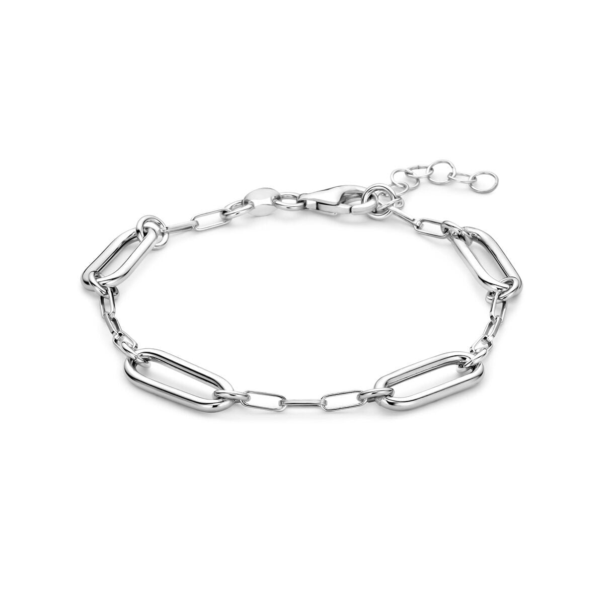 Pulsera de plata 925 con acabado en rodio, con eslabones alargados y cierre de langosta.