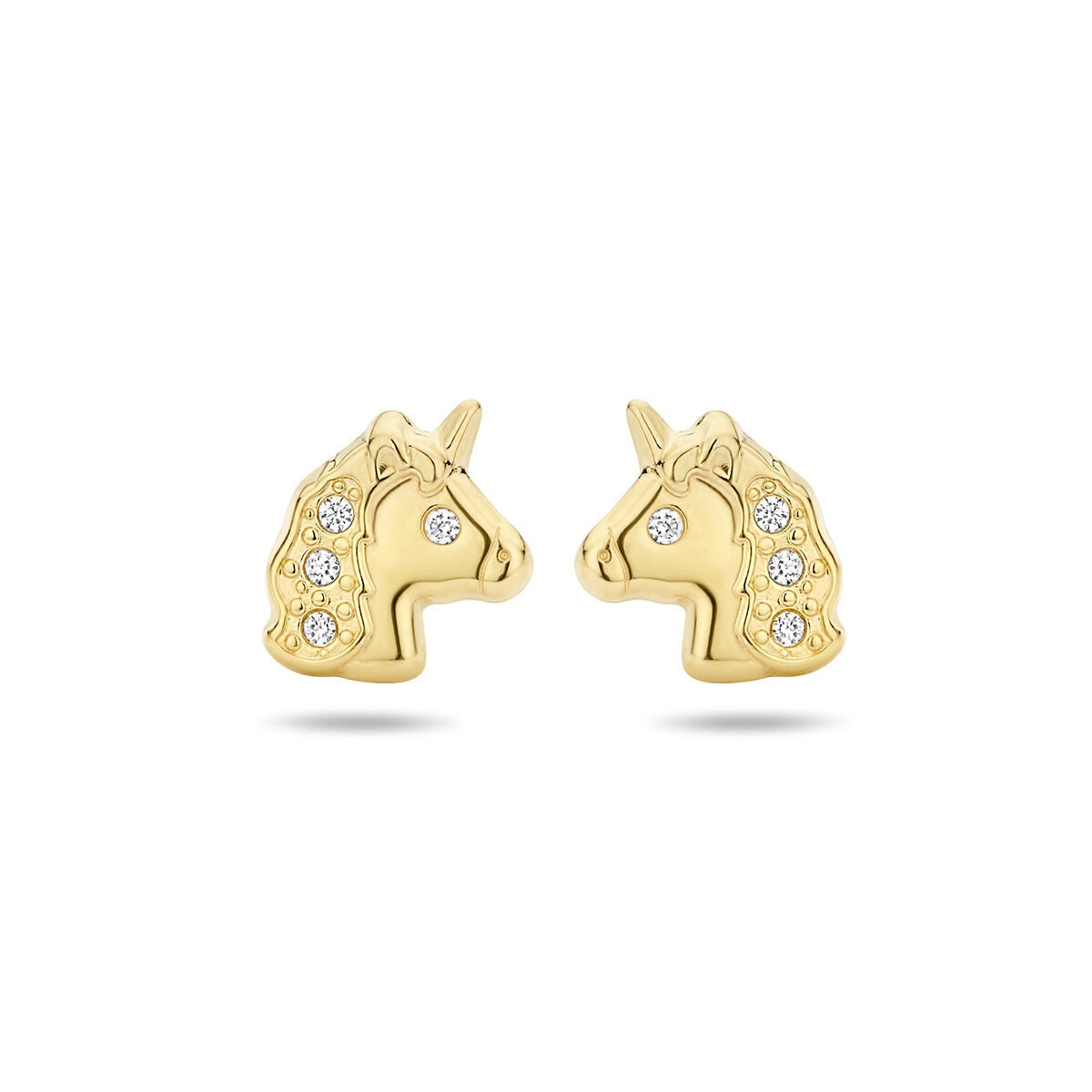 Pendientes de primera puesta en forma de unicornio de oro amarillo de 14k con detalles de circonitas.