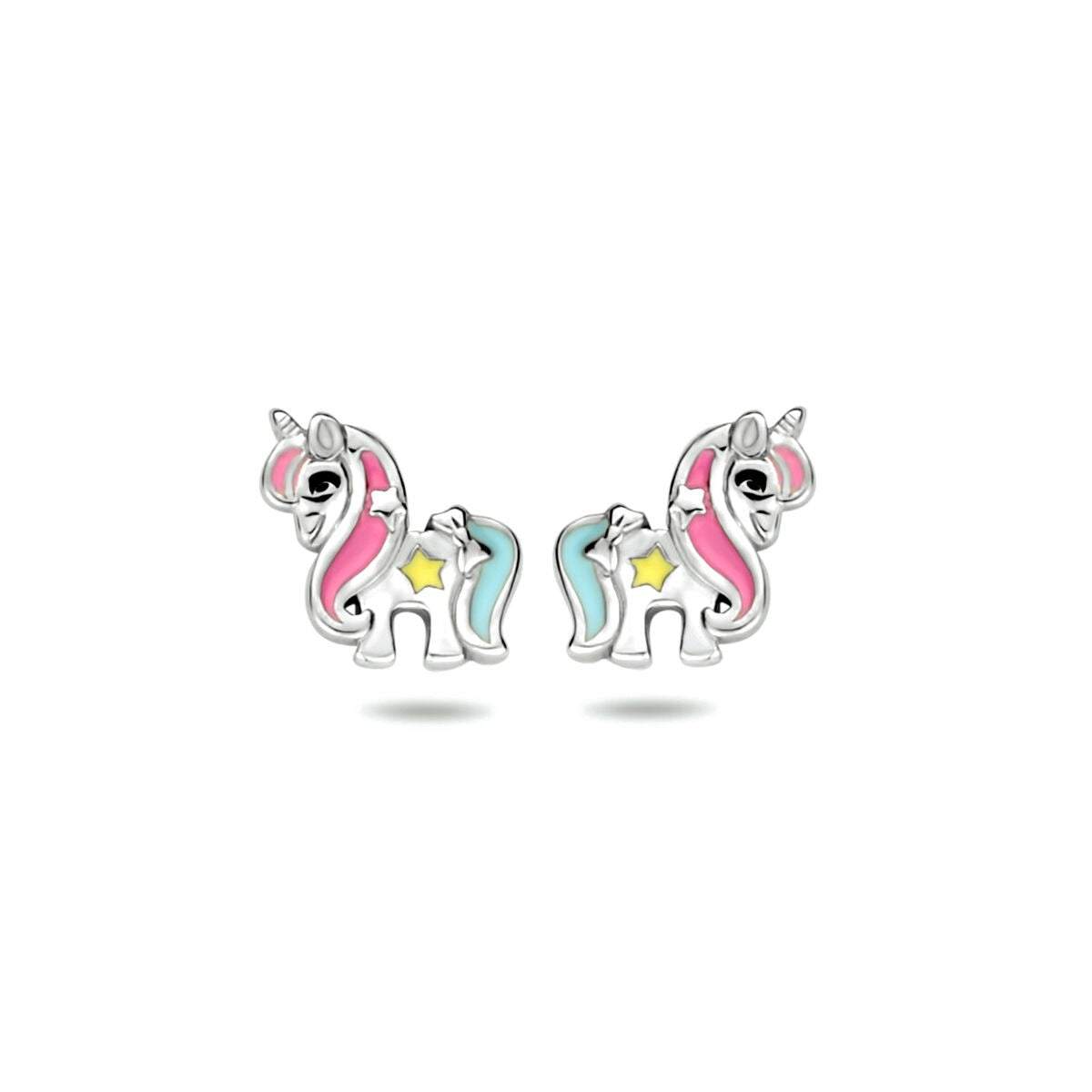 Pendientes de primera puesta de unicornio en plata, con acabado de rodio y esmalte en colores rosa y azul.