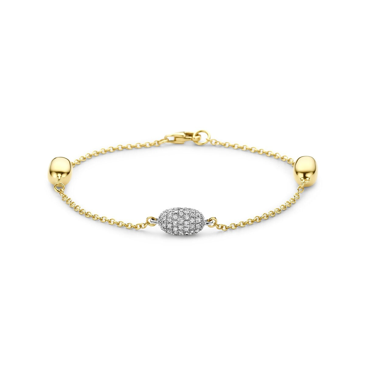 Pulsera bicolor de oro amarillo y blanco de 14k con diamantes en el centro.