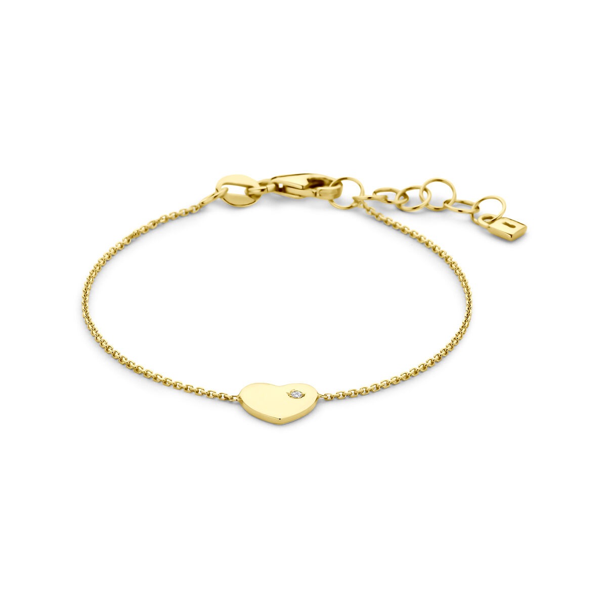 Pulsera infantil de oro amarillo de 9k con un colgante en forma de corazón y circonita.