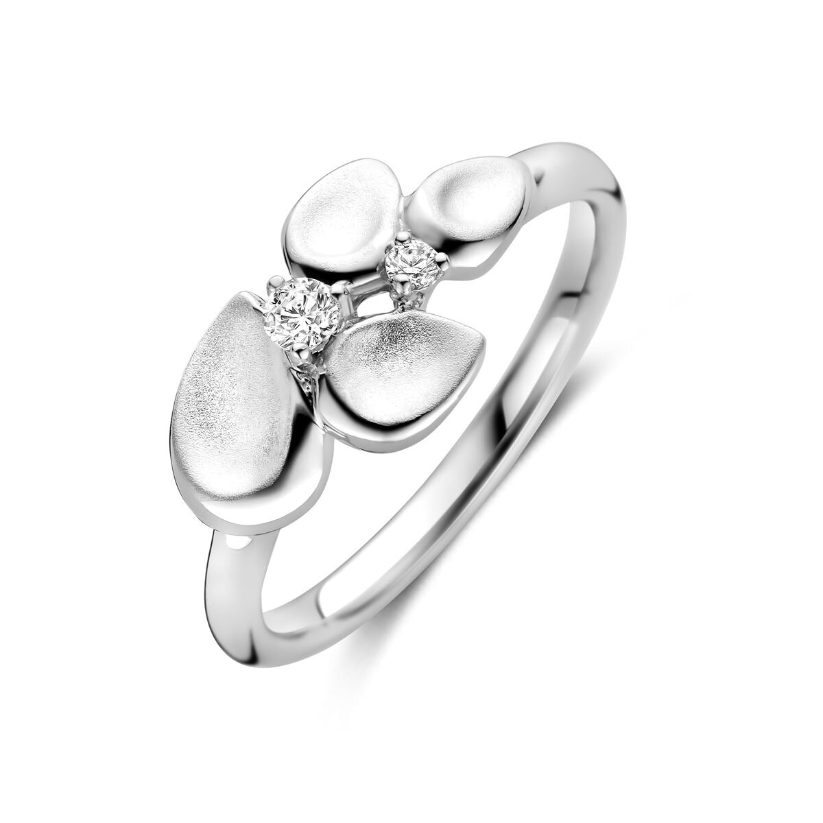 Anillo de plata rodiada para dama, con diseño de gotas y circonitas brillantes, 8,5 mm de ancho.