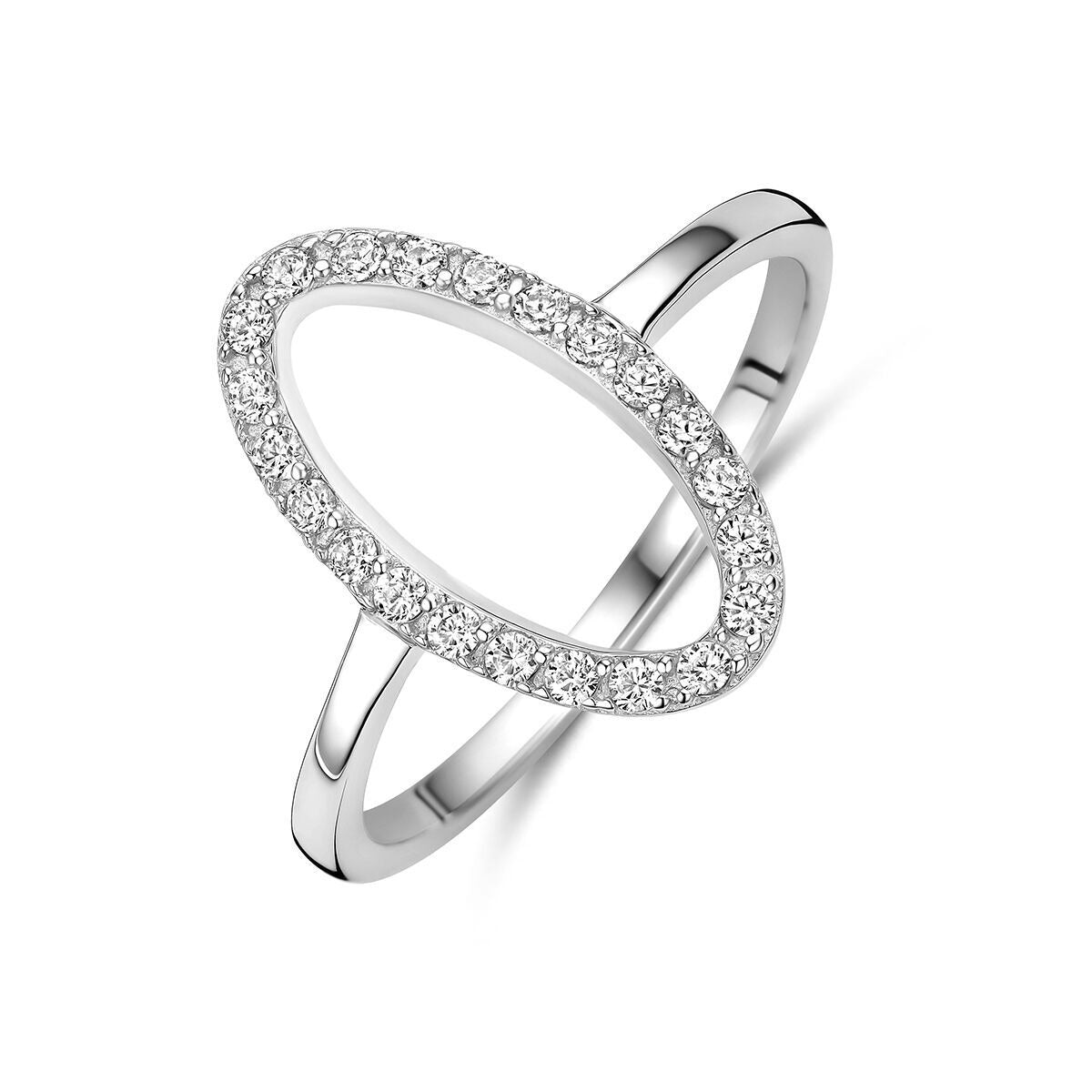 Anillo de plata 925 rodiada con zirconitas, forma ovalada y diseño entrelazado.
