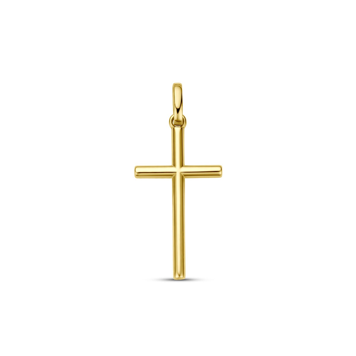 Colgante de cruz en oro amarillo de 9 quilates, con un diseño simple y elegante.