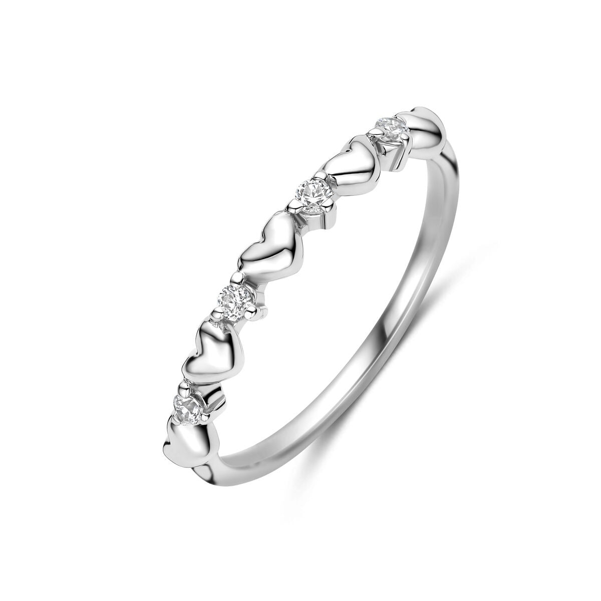 Anillo de plata 925 rodiada con corazones y circonitas brillantes.
