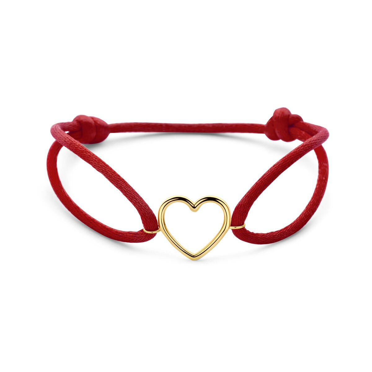 Pulsera de satén rojo con corazón de oro amarillo de 14k, diseño sencillo y romántico.