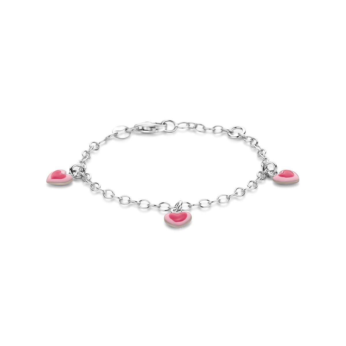 Pulsera infantil de plata con corazones, rodiada y esmaltada en color rosa.