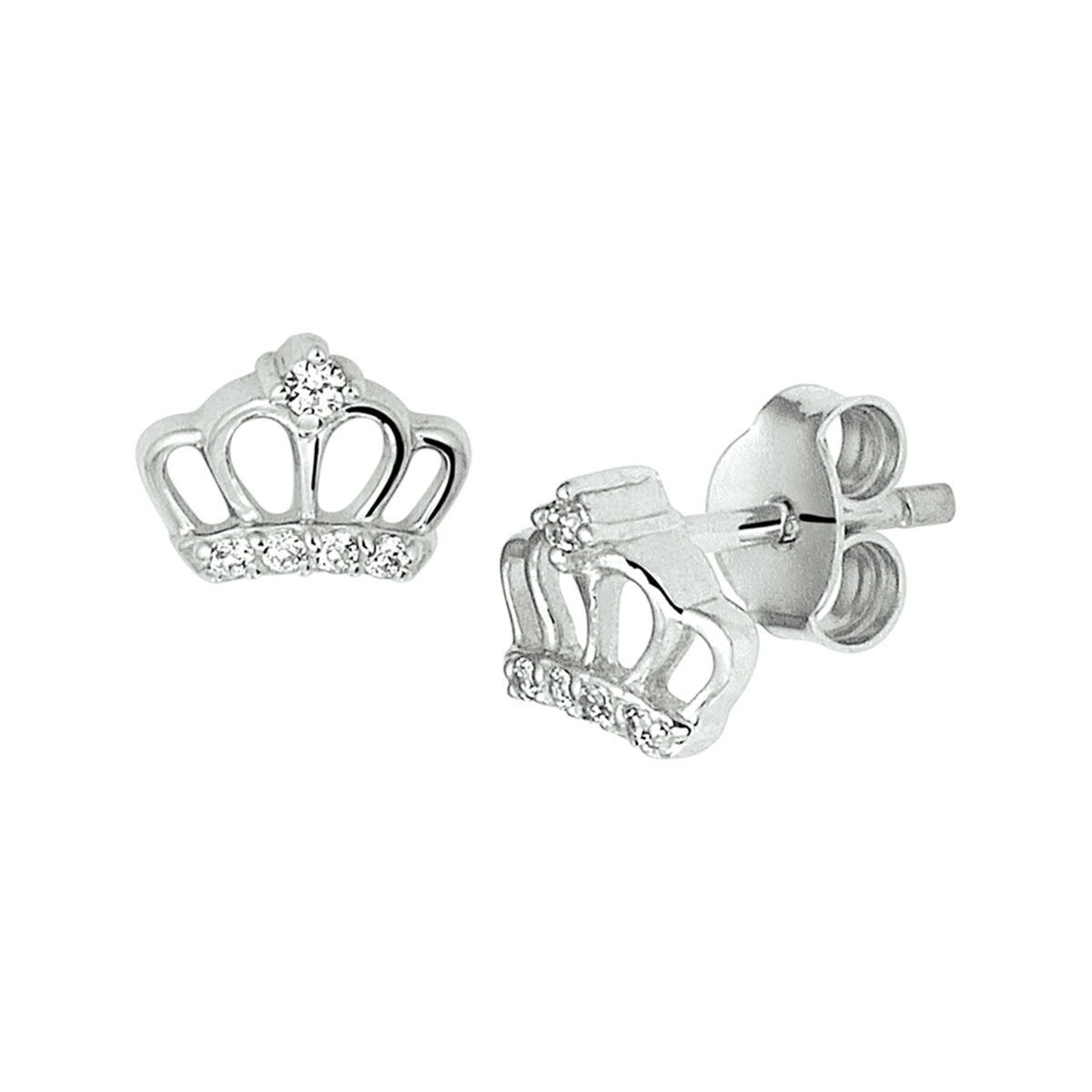 Pendientes de corona plateados con circonitas, acabado en rodio.