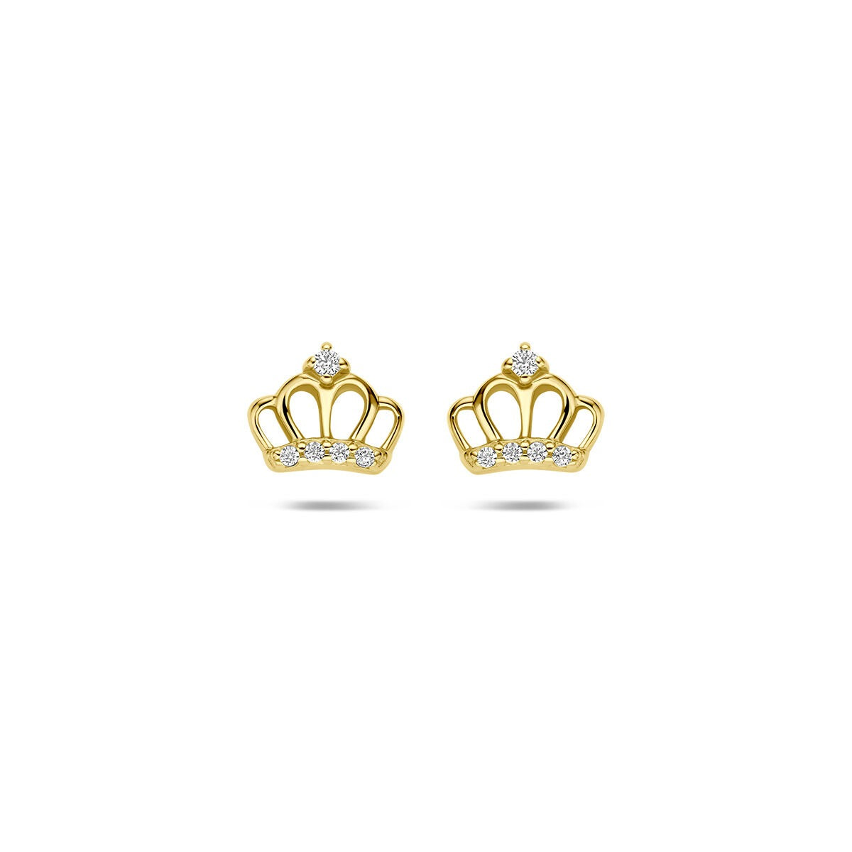 Pendientes de primera puesta en forma de corona dorada con zirconitas.