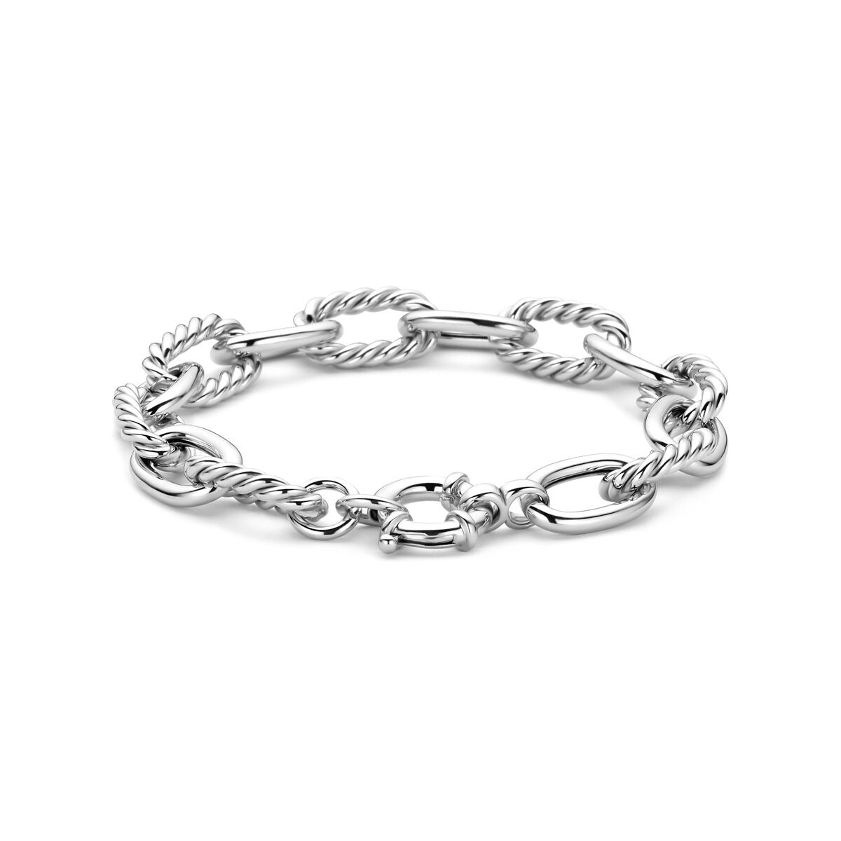 Pulsera de eslabones de plata rodiada con gran cierre de resorte.