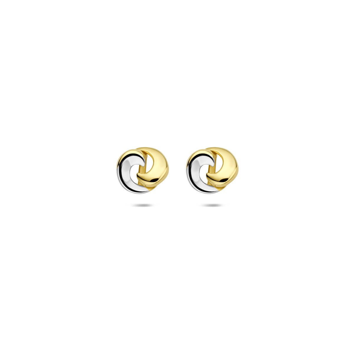 Pendientes bicolores con diseño de nudo en oro blanco y amarillo de 14k.