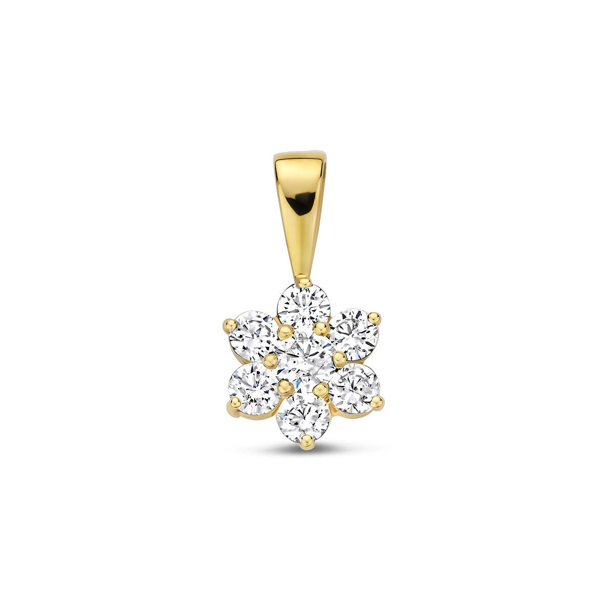 Colgante de oro amarillo de 9 quilates con pavé de circonitas brillantes en forma de flor.