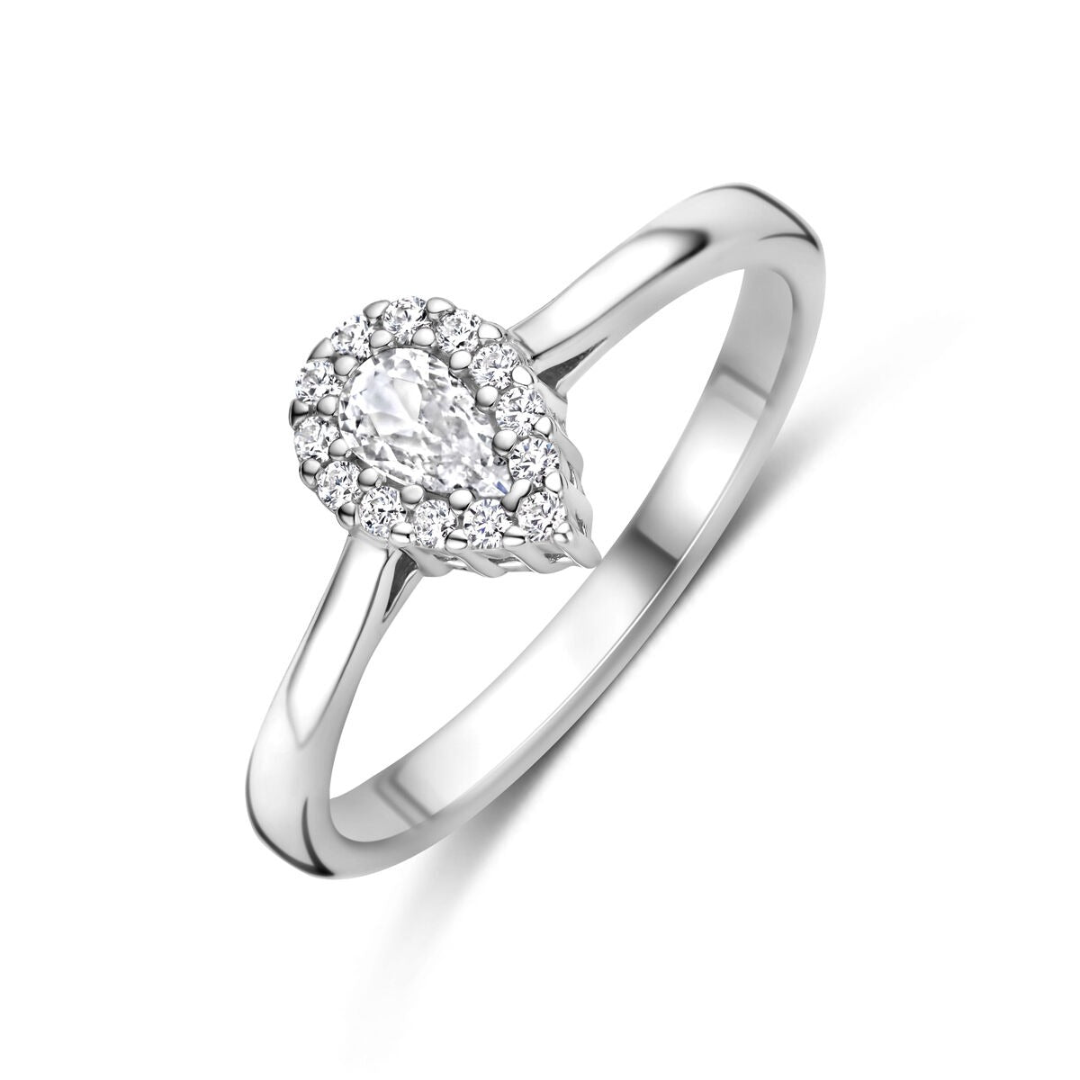 Anillo de plata con zirconia en forma de pera y engaste de circonitas.