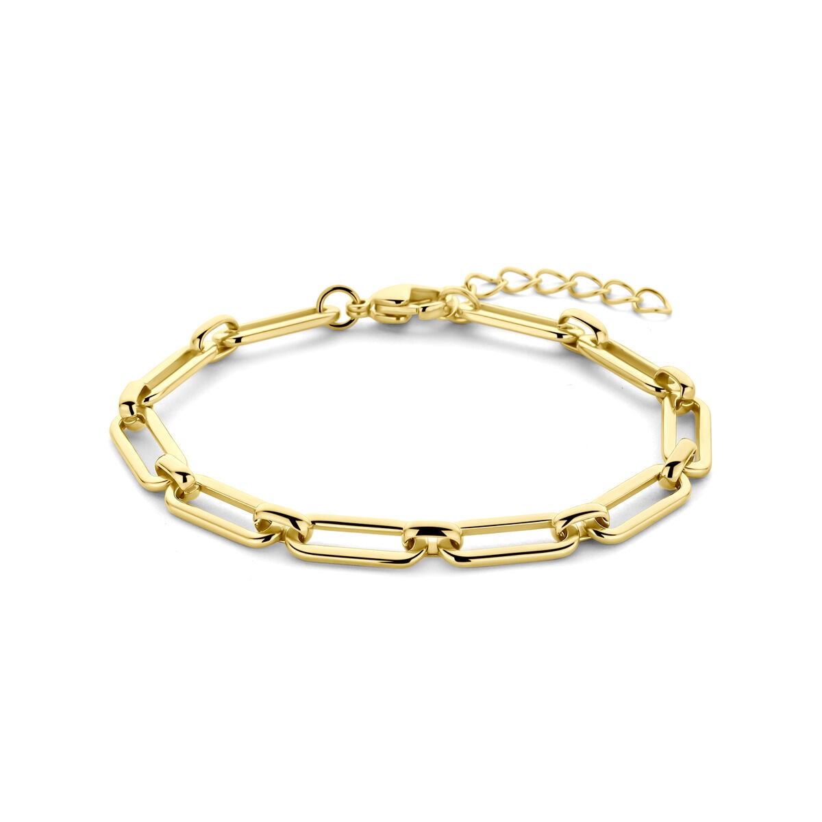 Pulsera de acero para dama con baño dorado, de eslabones alargados y ajustable de 17 a 20 cm.
