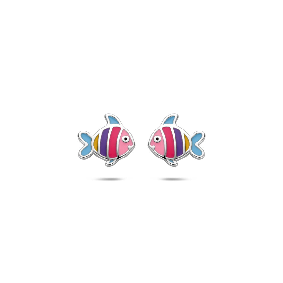 Pendientes de primera puesta en forma de pez, de plata 925 con esmalte en colores rosa, azul y amarillo.