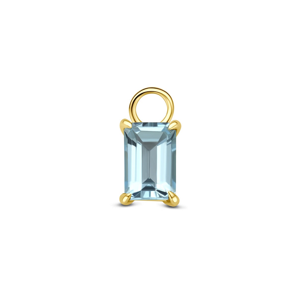 Pendiente largo de oro amarillo de 14k con topacio azul en forma rectangular.