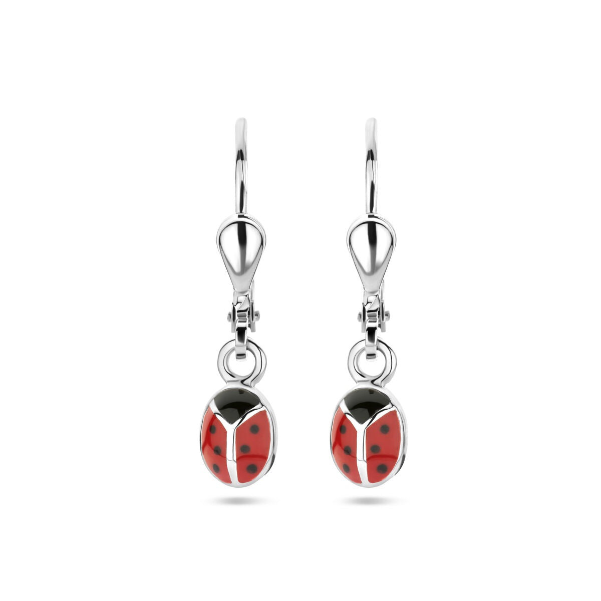 Pendientes de niña en forma de mariquita, plateados, con esmalte rojo y negro.