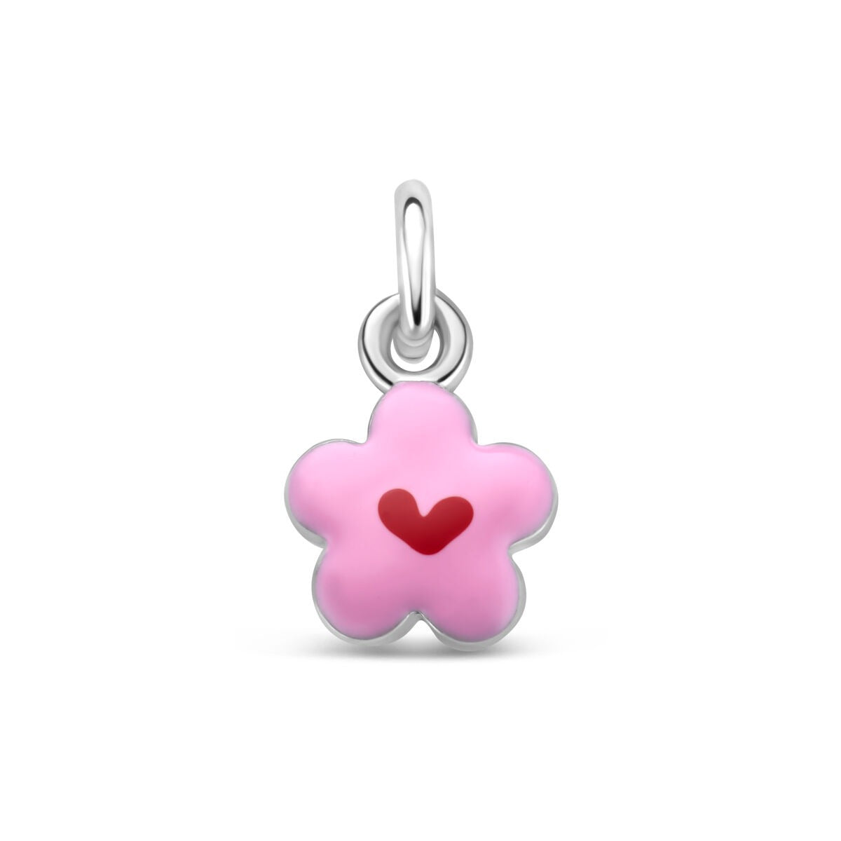 Colgante de flor rosa con corazón rojo, elaborado en plata 925 rodiada.