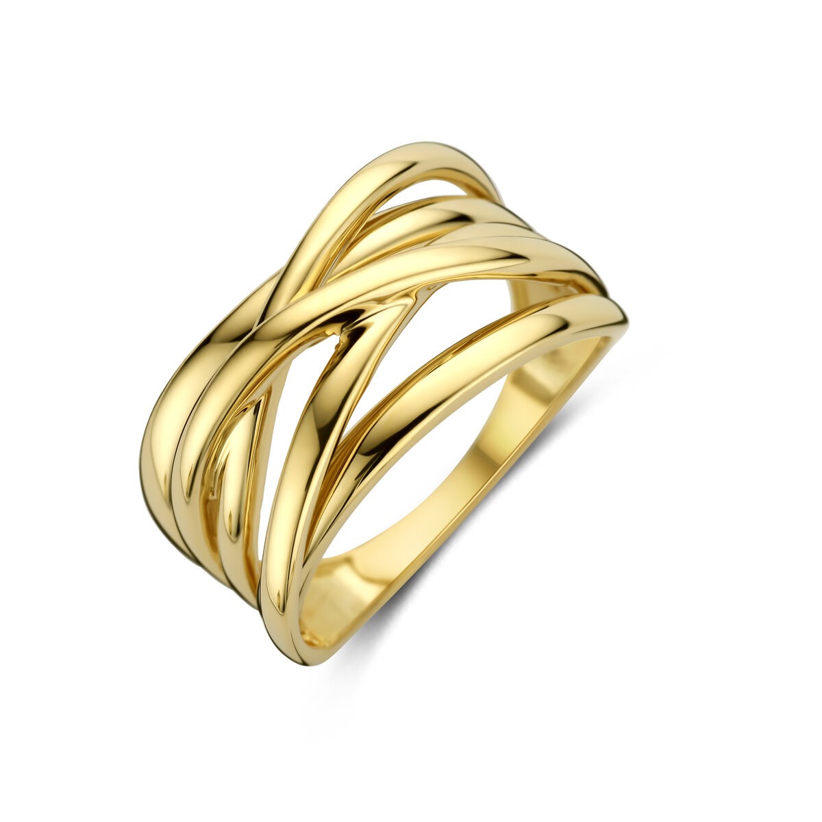 Anillo de dama de oro amarillo de 14k con banda ancha de 11 mm y diseño entrelazado.