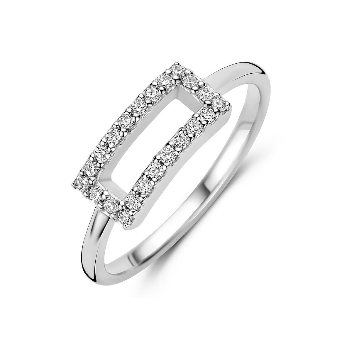 Anillo de plata 925 rodiada con zirconitas en forma rectangular.