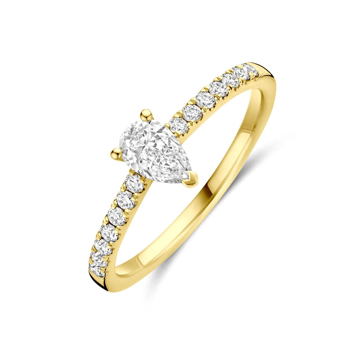 Anillo de oro de 14k con diamante cultivado en laboratorio en forma de pera y piedras brillantes.