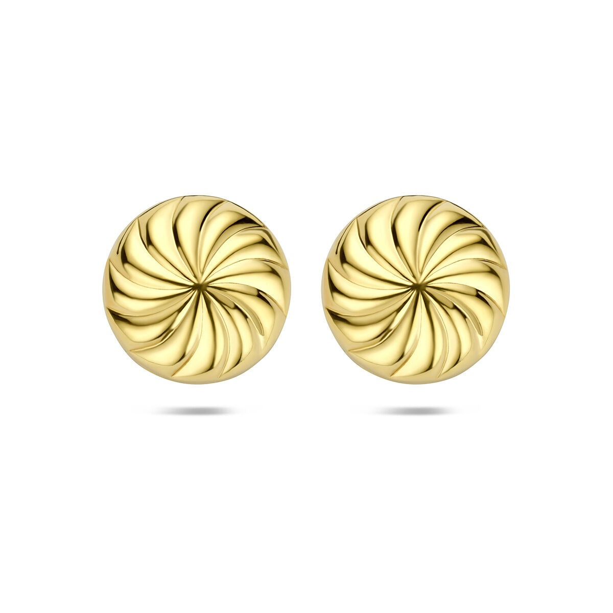 Pendientes de botón de plata dorada con diseño juguetón y textura en espiral.