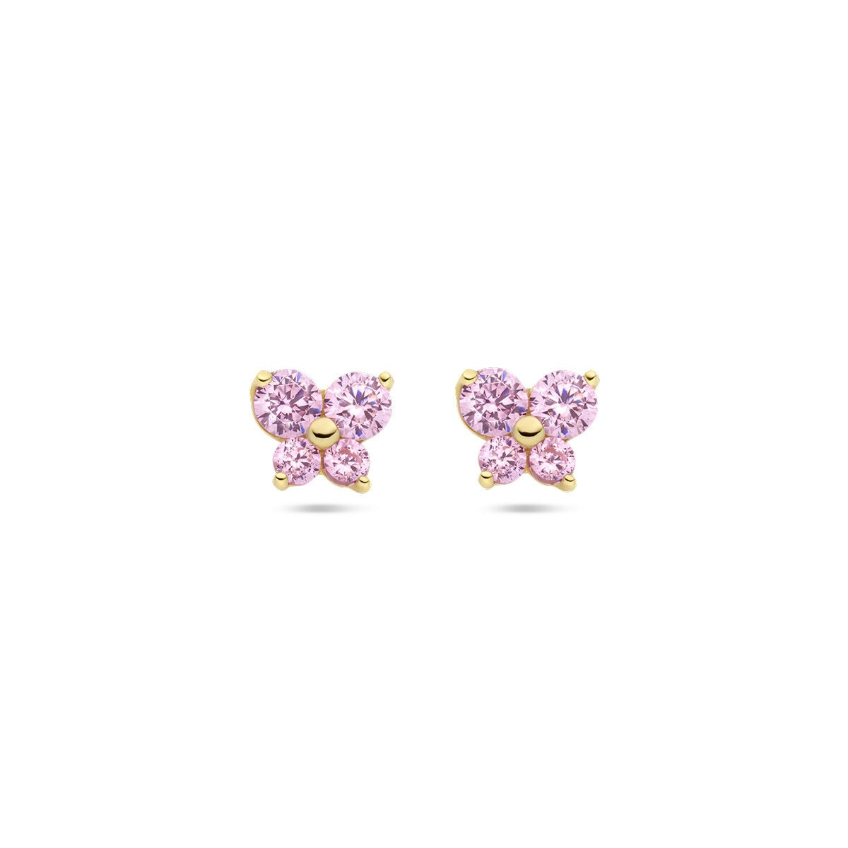 Pendientes de mariposa en oro amarillo de 14k con circonitas rosas.