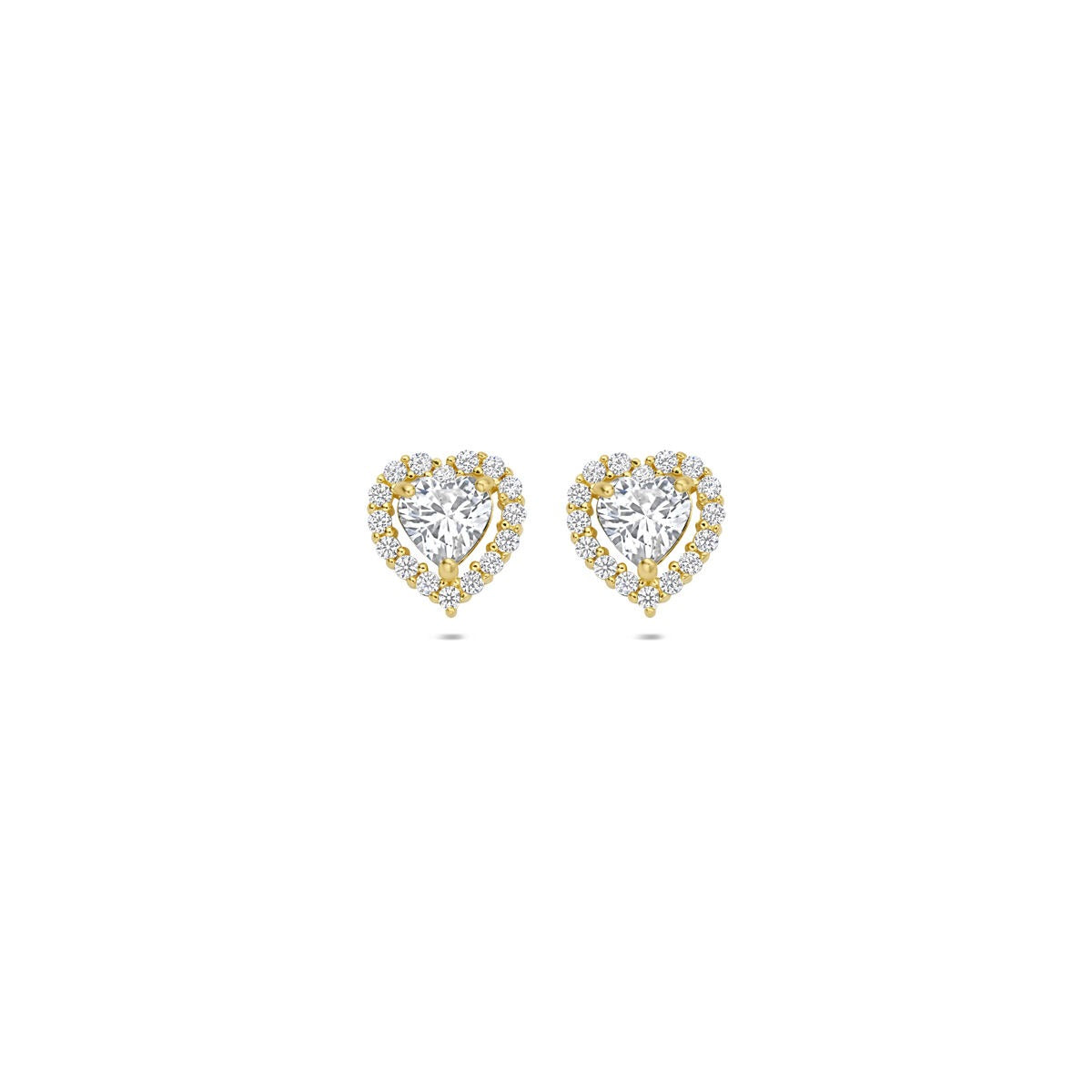 Pendientes de botón de oro con corazón y circonitas – 14k, engaste de entorno