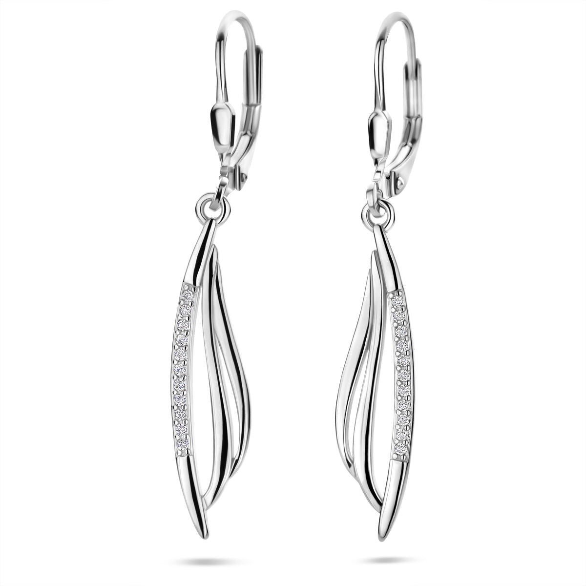 Pendientes largos de plata con zircón, diseño en forma de hoja, 41 mm de longitud.