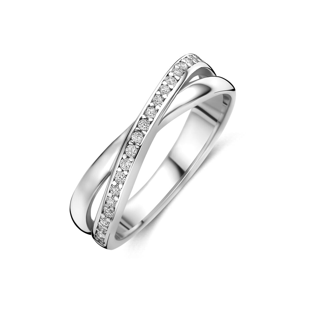 Anillo de plata 925 rodiada con circonitas, diseño entrelazado y brillante.