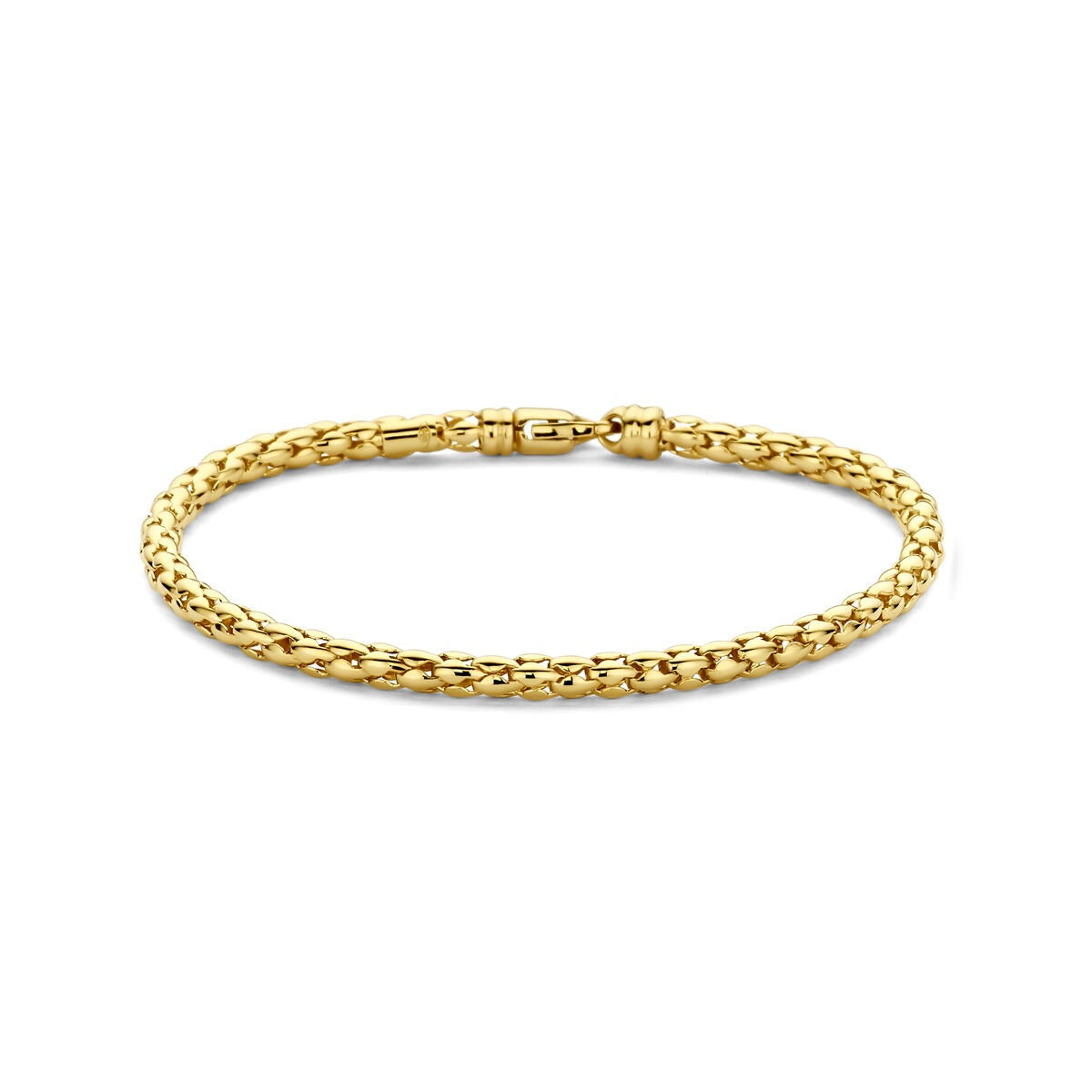 Pulsera dorada de 14k con diseño de eslabones de 3,5 mm y longitud de 17 cm.