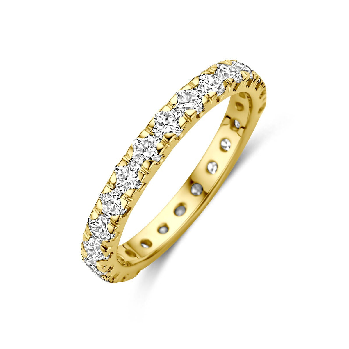Anillo de oro amarillo de 14k con diamantes lab-grown en la parte superior.
