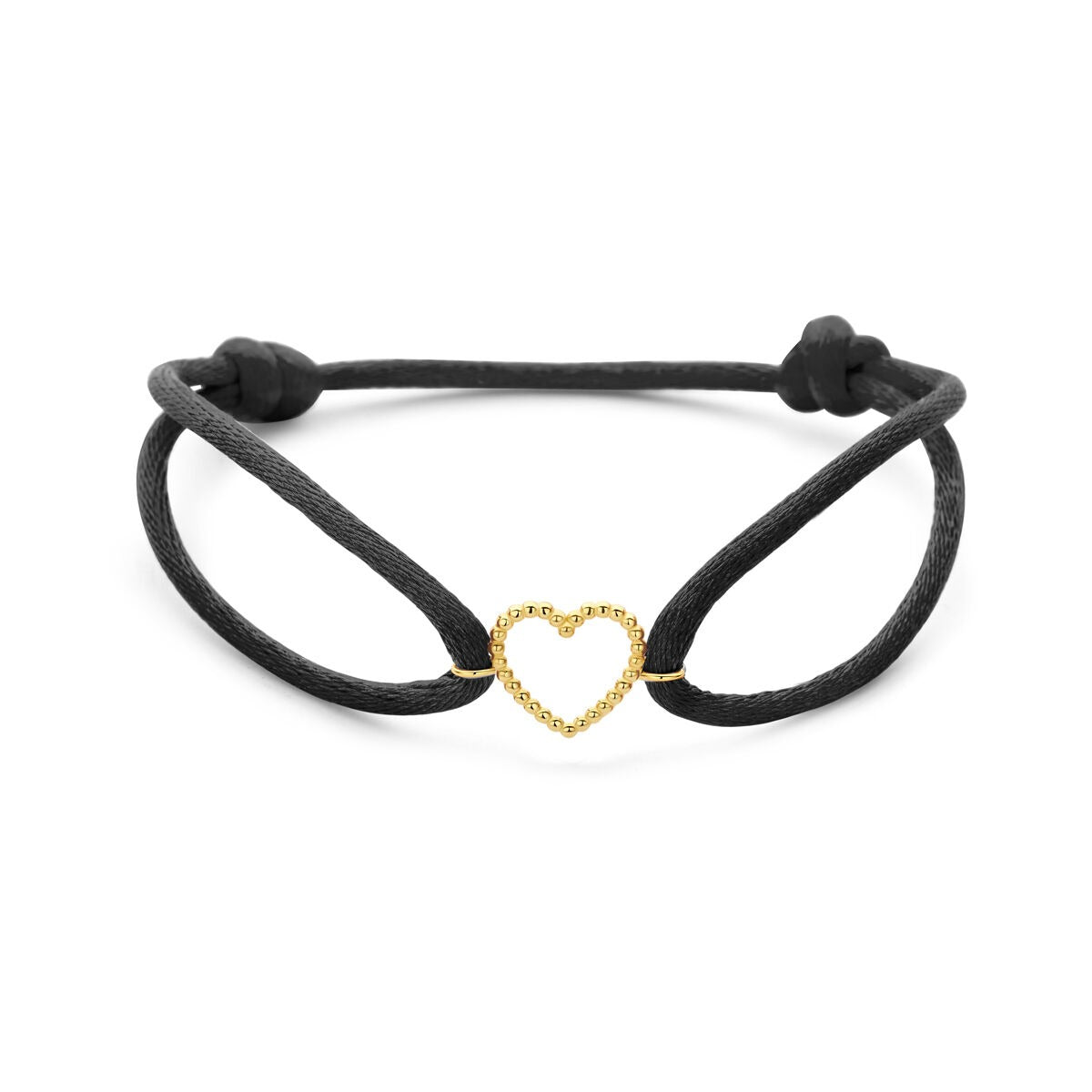 Pulsera de satén negro con un corazón de 14k dorado en el centro.
