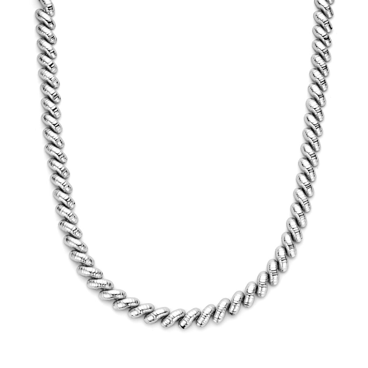 Zilveren damesketting van gerhodineerd 925 zilver met brede, gedraaide schakels.