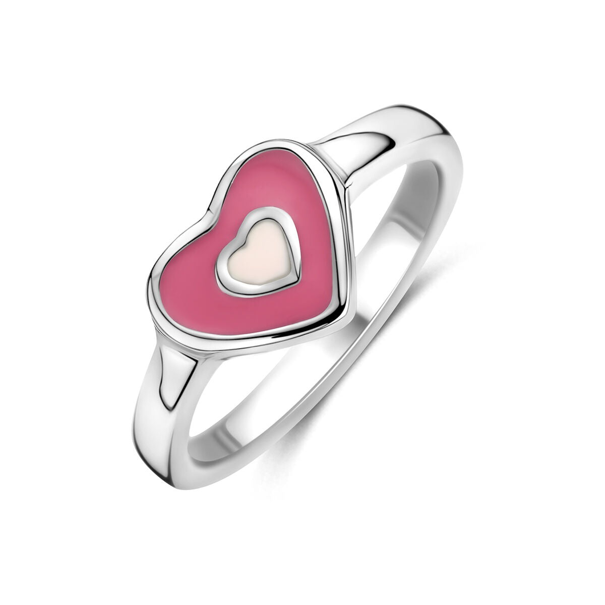 Anillo de plata rodiada para niña con un diseño de corazón rosa y un corazón pequeño en el centro.