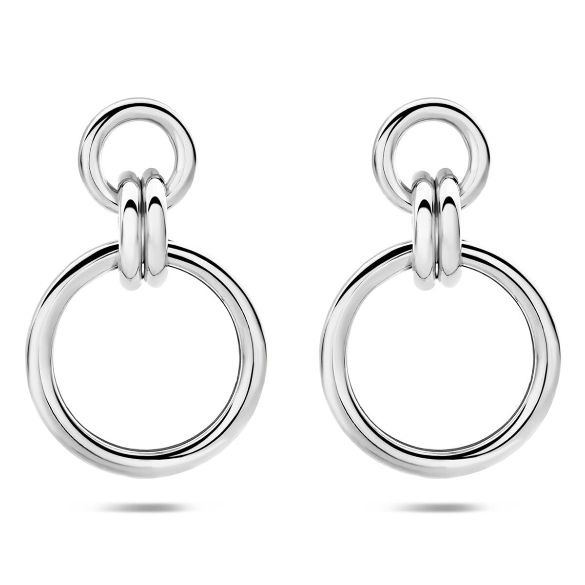 Pendientes de aro de plata rodiada 925 con un diseño circular y dos anillos entrelazados.
