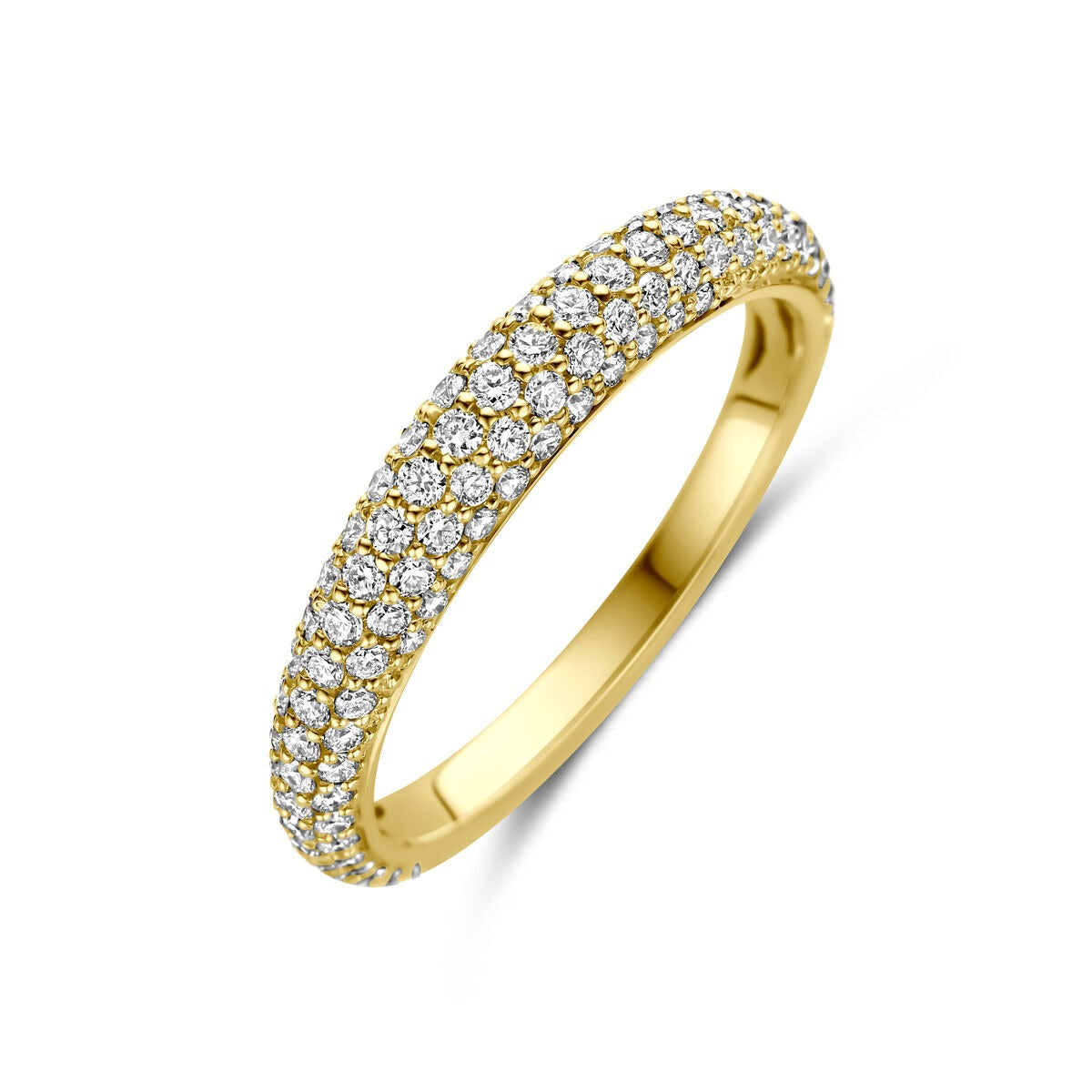 Anillo de oro amarillo de 14 quilates con diamantes brillantes en todo su contorno.