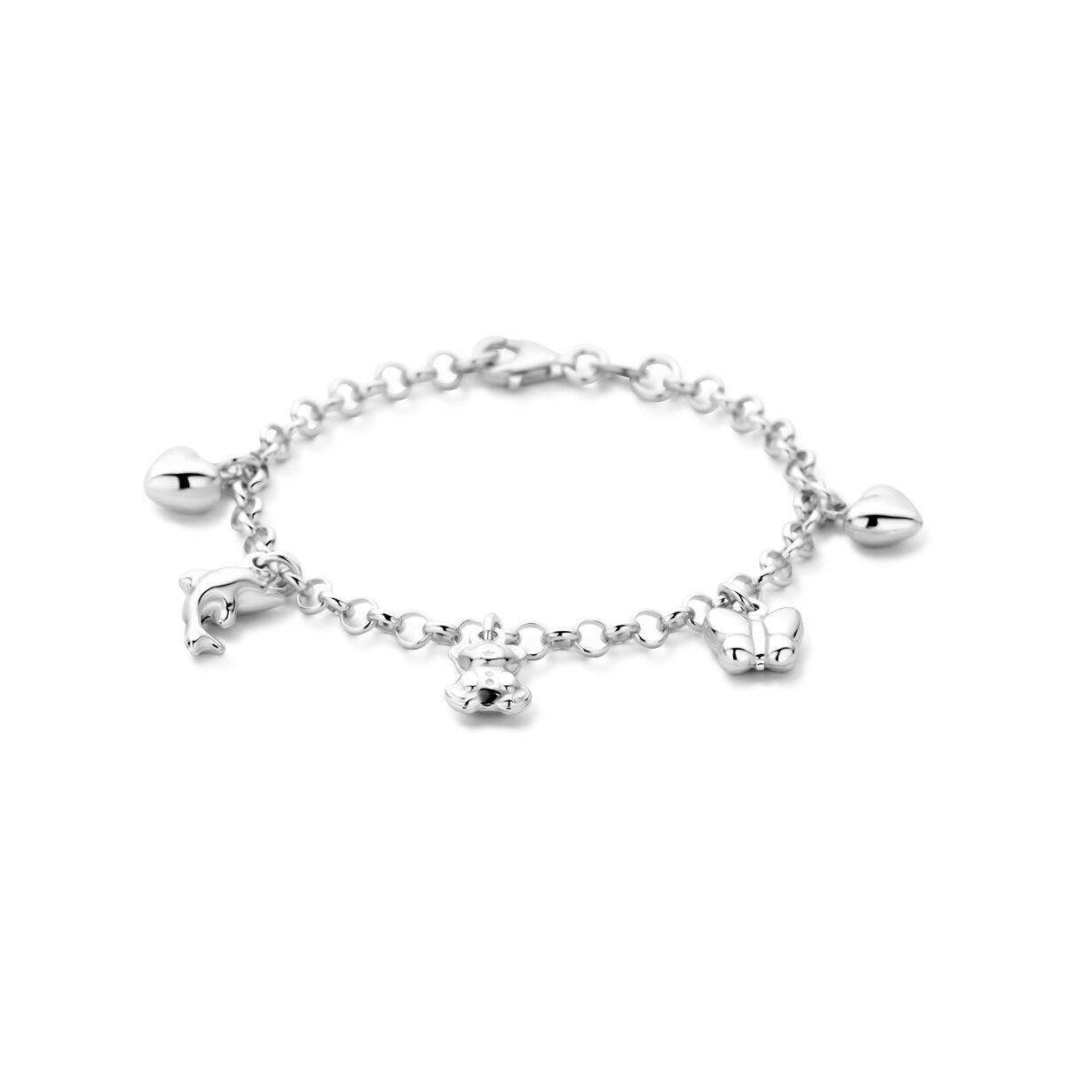 Pulsera de plata para niños con cinco charms, incluyendo un corazón y un regalo.