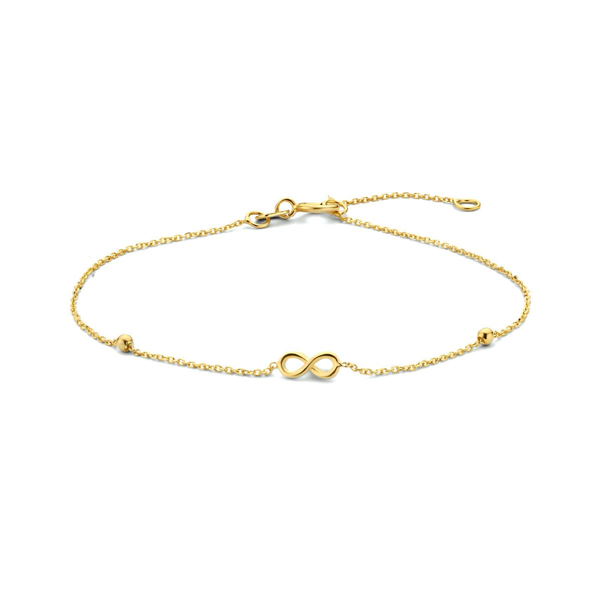 Pulsera de oro amarillo de 9 quilates con símbolo de infinito y bolitas.