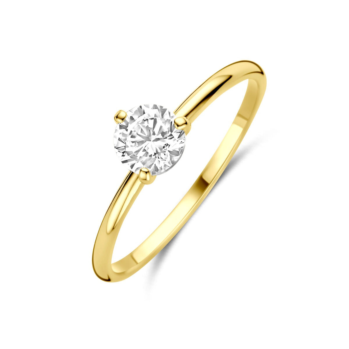 Anillo de dama de oro amarillo de 14k con una zirconia solitaria, tallada en brillante.