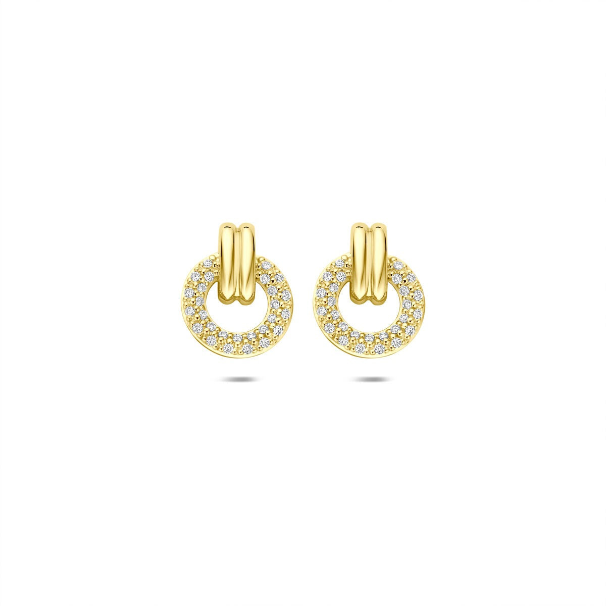 Pendientes de oro de 14k con diamantes brillantes en forma de aro.