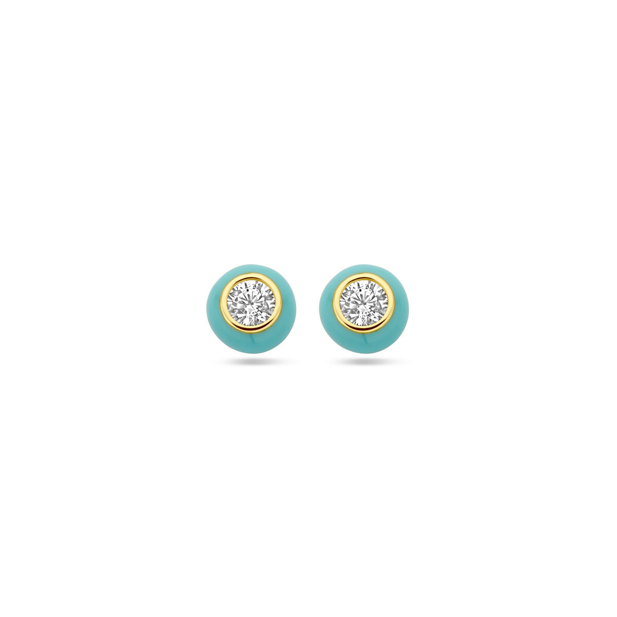 Pendientes de botón de plata dorada con esmalte turquesa y circonitas.